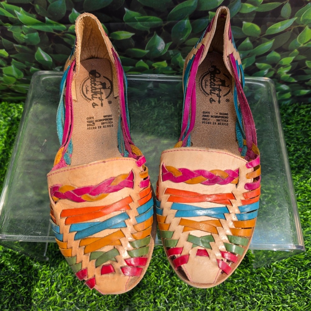 Rainbow Woven Leather Huarache Sandals Mexican Flats Women